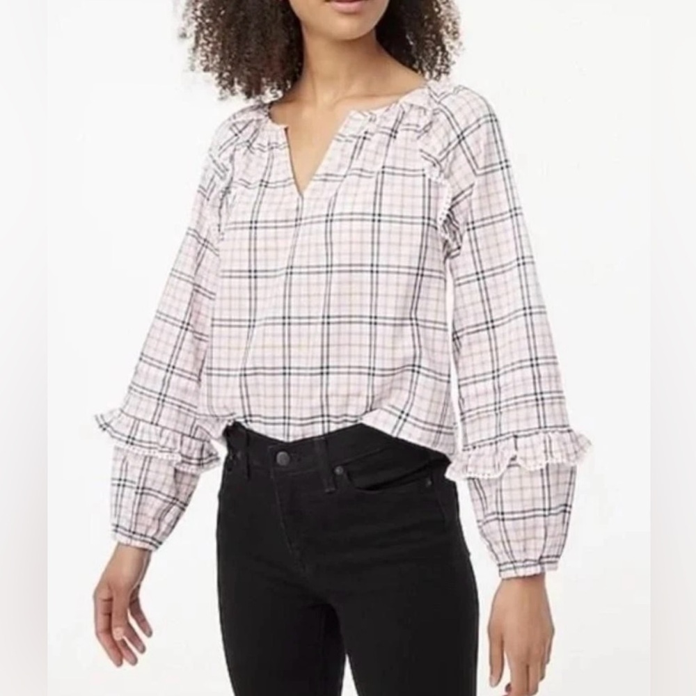 J. CREW Multicolored Sz L Ruffle Trim Long Sleeve Notched Neck Cotton Boho Top